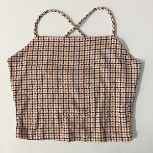 Diosa NWOT White|Black|Orange Houndstooth Square-Neck Cross-Back Crop Top Sz S